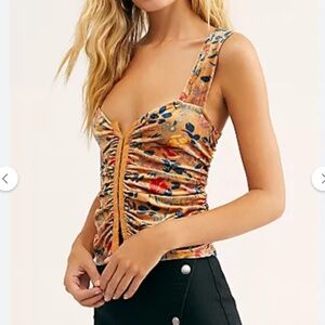 Free People Floral Velvet Ruched Tank Top in Mustard with Navy & Red Accents
